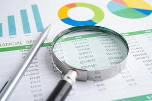 Magnifying glass on spreadsheet and graph paper. Financial development, Banking Account, Statistic, Investment Analytic research data economy, Business. photo