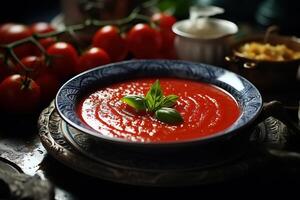 ai generado de cerca tomate grueso sopa en un plato en el mesa, vegetariano comida foto