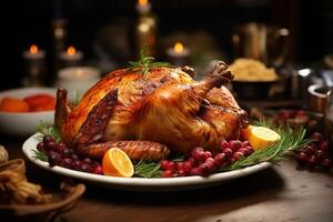 AI generated Close-up roasted turkey on a plate on a holiday table indoors, thanksgiving day concept photo