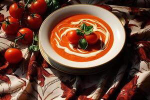 AI generated Tomato thick soup with cream in a plate on a red tablecloth, close-up vegetarian food photo