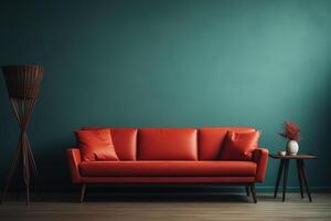 AI generated Minimalistic interior design, red sofa against the wall photo