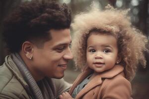 AI generated Happy dad with mulatto daughter outdoors, fatherhood photo