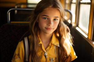 ai generado linda caucásico Chica de escuela con mochila en amarillo colegio autobús mirando a cámara, espalda a colegio concepto foto