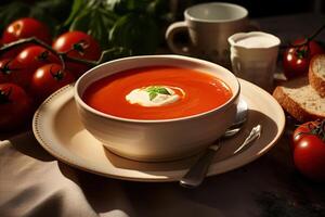 ai generado almuerzo, tomate grueso sopa con crema en un plato con vegetales y un pan en el mesa, de cerca vegetariano comida foto