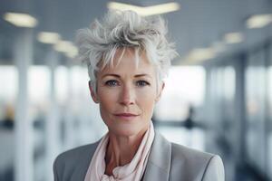 AI generated Portrait of a successful middle aged business woman in office building looking confidently at camera, caucasian stylish lady businesswoman with gray hairstyle indoors photo