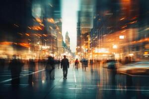 AI generated Blur crowd of walking people, defocus vanity and city nightlife, evening rush hour photo