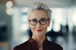 AI generated Portrait of smiling senior woman boss in office, cheerful stylish middle aged businesswoman wearing glasses and gray hairstyle standing indoors photo