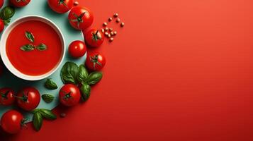 AI generated Vegetarian tomato soup with vegetables ingredients on red background, top view food minimalism banner with copy space photo