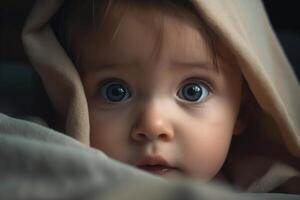 ai generado retrato de linda caucásico inocente bebé debajo de cobija en cama, bonito pequeño recién nacido niño mirando a cámara con grande ojos foto