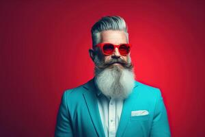 ai generado elegante canoso barbado bigotudo mayor hipster hombre vistiendo lentes y un cian traje en un rojo antecedentes foto