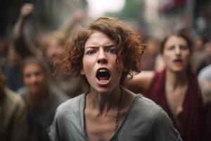 ai generado hembra protesta para derechos y libertad, gritando adulto mujer activista en contra antecedentes de multitud de personas al aire libre foto