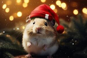 ai generado Navidad hámster en un rojo sombrero en pie en un festivo antecedentes. de cerca gracioso linda mullido roedor, luces y bokeh árbol foto