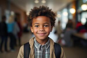 AI generated Portrait of handsome smiling afro american schoolboy with backpack inside school looking at camera, education concept photo