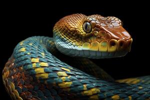 ai generado de cerca amarillo verde peligroso serpiente, reptil depredador en un oscuro antecedentes foto