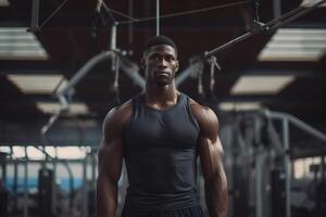 ai generado muscular afro americano atleta en gimnasia, negro masculino deportista entrenador en pie adentro y mirando a cámara foto