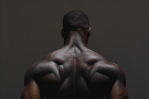 AI generated Back view muscular relief black male unrecognizable athlete photo