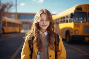 AI generated Back to school concept, portrait happy smiling schoolgirl with backpack looking at camera and standing at school yellow bus stop outdoors photo