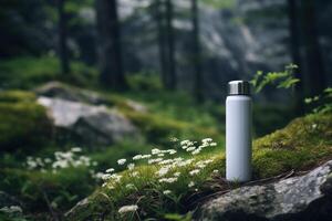 AI generated White thermos in nature in the forest. Vacuum thermo flask outdoors, copy space photo