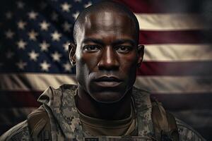ai generado nacional patriota día y monumento concepto. retrato de un africano americano masculino soldado en militar uniforme en contra el antecedentes de el americano bandera foto