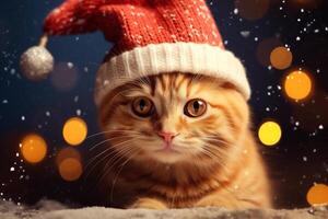 AI generated Christmas ginger cat in a red festive cap looking at camera. Cute fluffy pet, xmas bokeh lights photo