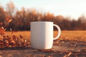 AI generated Close-up of a white cup with place for branding standing against the backdrop of an autumn forest outdoors photo