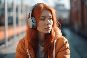 ai generado pelirrojo hembra adolescente en auriculares escuchando a música al aire libre mirando lejos, estilo de vida foto