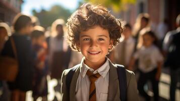 ai generado gracioso pequeño colegial espalda a escuela, sonriente hermoso Rizado chico con un mochila en el antecedentes de un multitud de niños foto