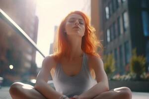 AI generated Red-haired caucasian slender teenager meditating on street on sunny day, carefree young woman with closed eyes relaxing outdoors photo