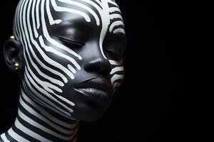 AI generated Portrait of an African American woman with closed eyes with spots, white paint splashes on her face. Female fashion portrait with a zebra pattern on a black background, make-up photo