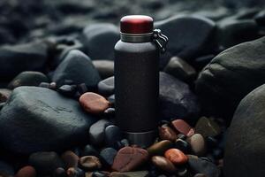 ai generado metal negro cámping termo en piedras, vacío matraz para caliente té o café en naturaleza. concepto equipo para senderismo, viaje foto