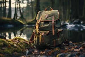 AI generated Green hiking backpack in the forest on moss, travel bag in nature photo