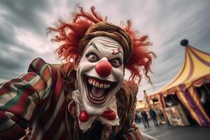 AI generated Crazy laughing evil clown looking at camera, scary creepy male artist with red nose and make-up photo
