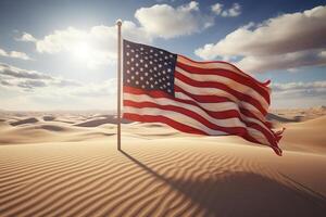 ai generado ondulación americano bandera en un polo en Desierto playa en un soleado día foto