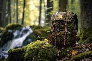 ai generado viaje, caminata, aventura, turismo concepto. verde excursionismo mochila en el bosque en musgo, viaje bolso en naturaleza con Copiar espacio foto