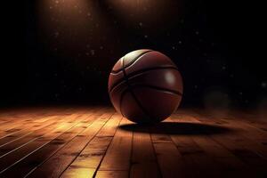 AI generated Game ball on floor in dark sports hall, basketball play photo