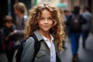 ai generado linda sonriente Chica de escuela yendo a escuela, retrato Rizado caucásico niña con mochila al aire libre mirando a cámara foto