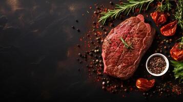 AI generated Top view piece of meat and spices on dark background banner with copy space photo