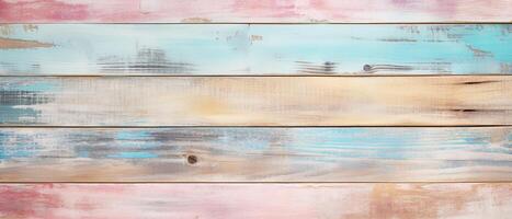 AI generated Horizontal fence boards with pastel faded paint, wooden background banner photo