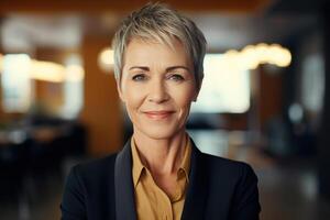 AI generated Portrait smiling middle aged caucasian woman office worker manager indoors, cute stylish senior business woman at workplace. Successful senior people and career concept photo