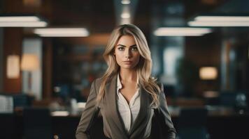 AI generated Business portrait confident young woman wearing suit in office and looking at camera, Caucasian beautiful businesswoman manager photo