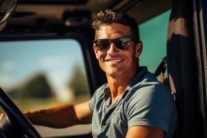 ai generado alegre sonriente caucásico masculino camión conductor, retrato de hermoso contento hombre en Gafas de sol conducción en coche foto