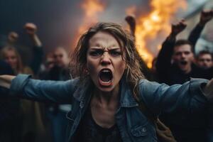 ai generado protesta, huelga, reunión, disturbios concepto. gritando agresivo mujer en contra antecedentes de multitud de enojado personas con fuego en calle foto