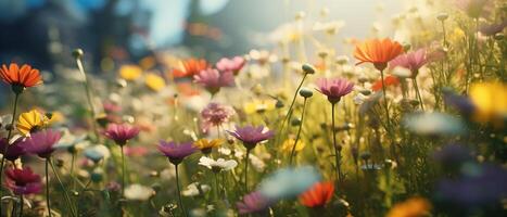 AI generated Beautiful multicolored blooming flowers in the meadow on a sunny day, floral banner photo