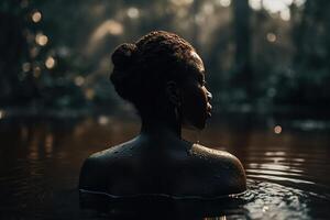 AI generated Back view african american woman floating in wild pond outdoors, young black woman in water in nature photo