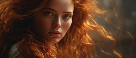 AI generated Portrait feminine gorgeous redhead young woman model with freckles looking at camera, closeup of female face with wind in hair, banner. photo