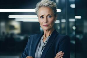 AI generated Business portrait confident successful senior woman folded her arms on chest while standing in office, serious caucasian stylish middle aged businesswoman in suit indoors photo