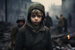 ai generado niño en sucio húmedo ropa en arruinado ciudad, pequeño pobre chico durante guerra, mirando a cámara foto