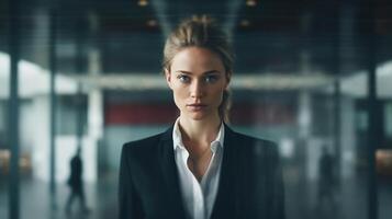 AI generated Purposeful confident young pretty blonde woman in a business suit in office looking at camera photo