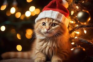 AI generated Christmas cute cat in red hat lying near Christmas tree decorated with lights, funny ginger pet xmas holiday photo