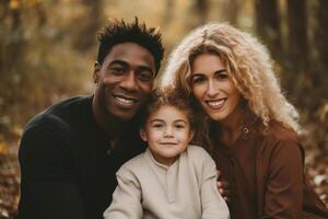 ai generado retrato de contento internacional familia, sonriente multirracial Pareja hombre y mujer abrazando hija juntos al aire libre mirando a cámara foto